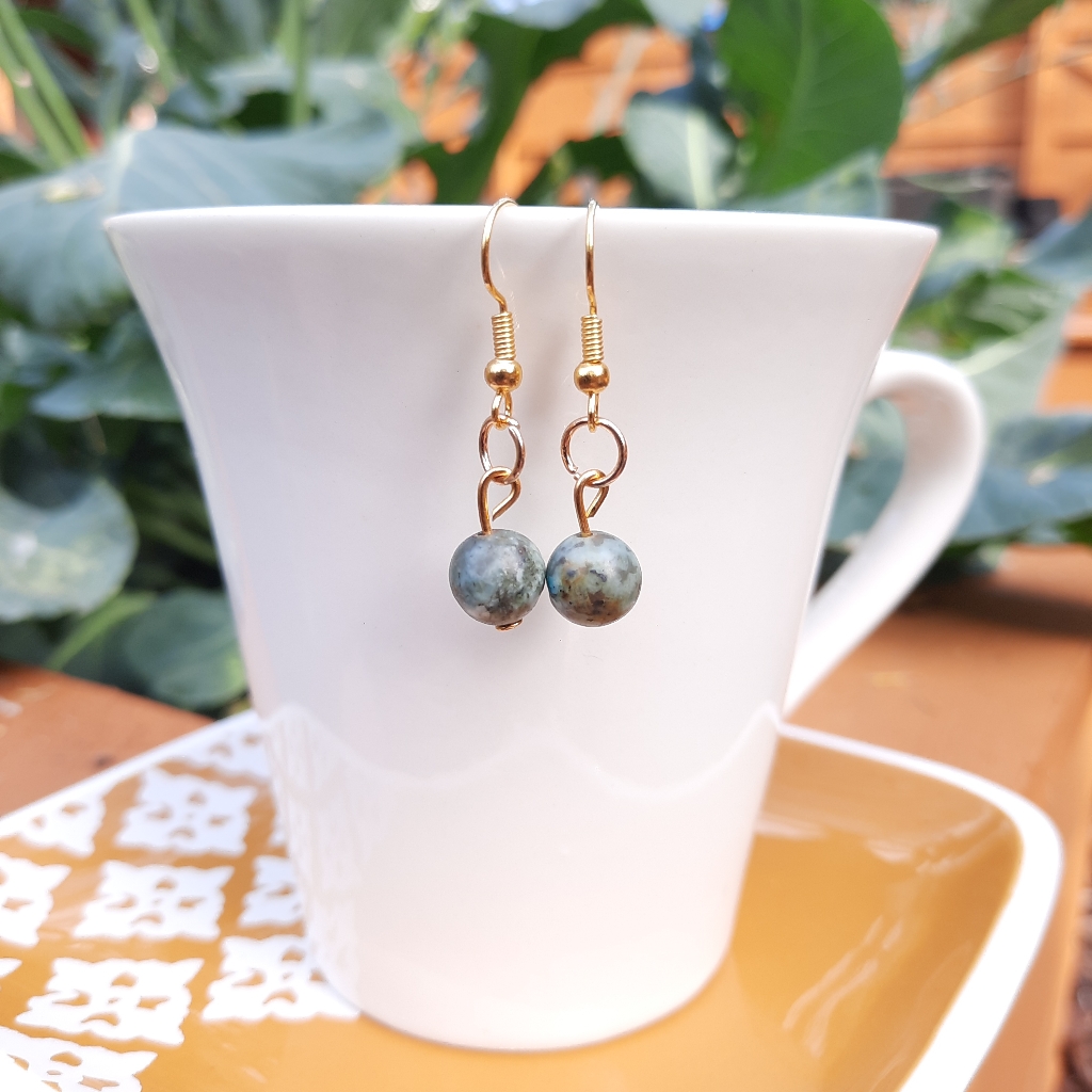 African Turquoise Stone Simple Dangle Gold Earrings
